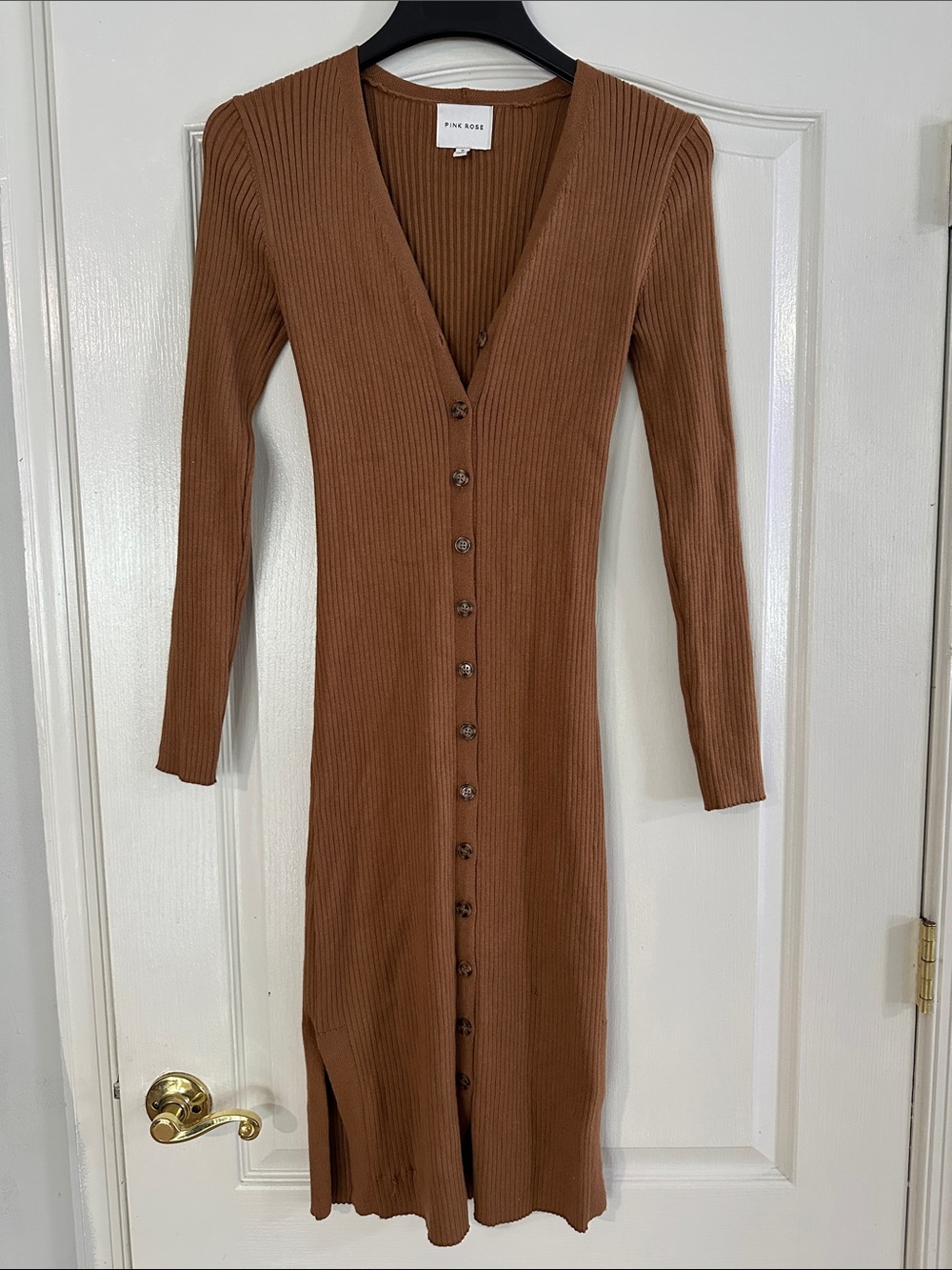 PINK ROSE Ribbed Button-Front Long Sleeve Dress — Camel Brown